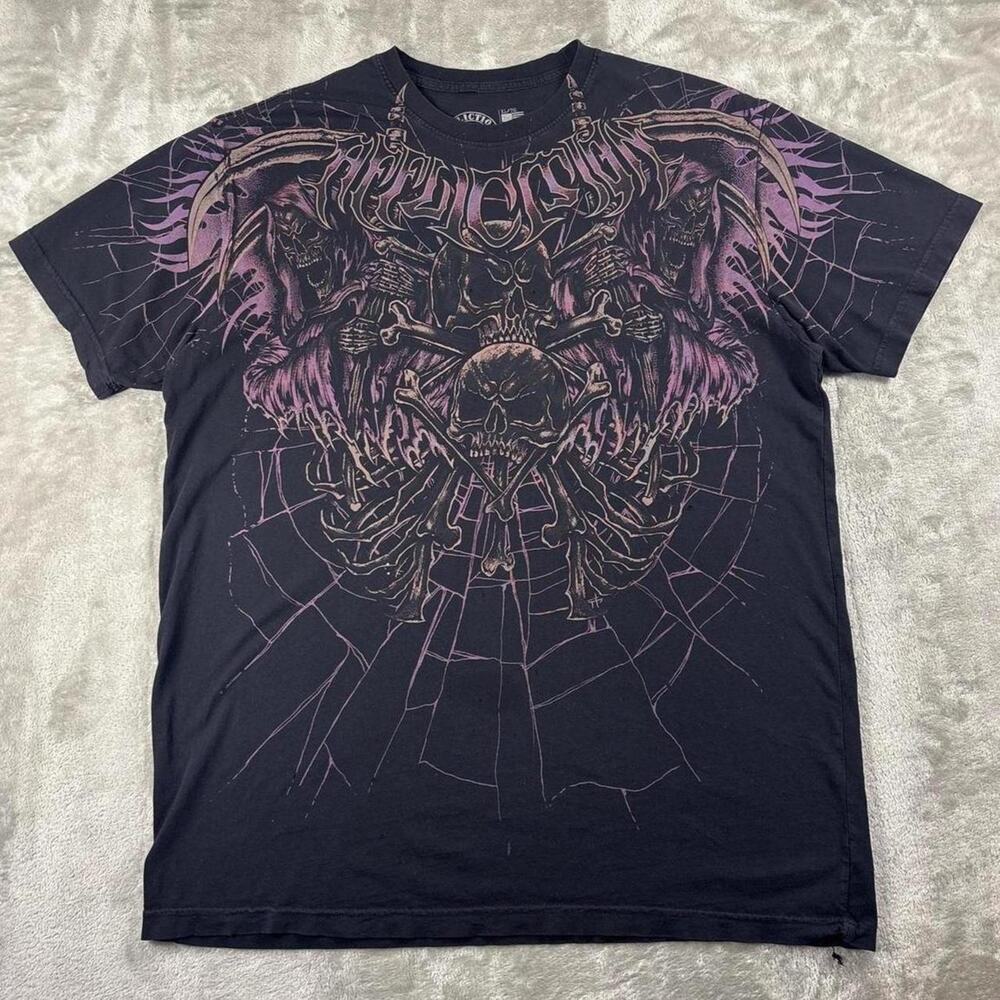 Affliction Live Fast Skull Reaper Graphic TShirt Mens XL Black Purple Distressed